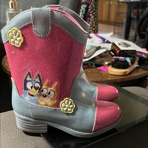 Kids Glittery Pink and Blue Boots with Cartoon Design